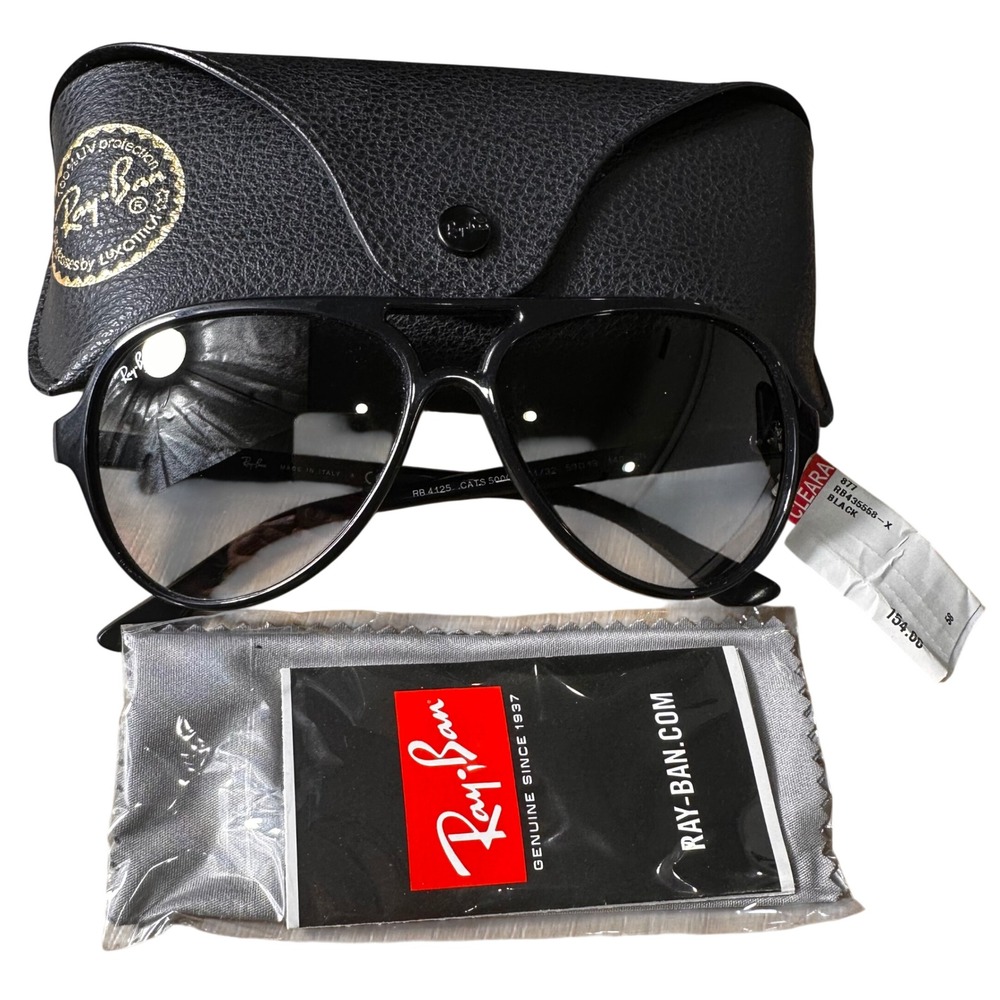 Ray-Ban RB4125 Cats 5000 Black Aviator Sunglasses Gray Gradient Lens Italy NWT